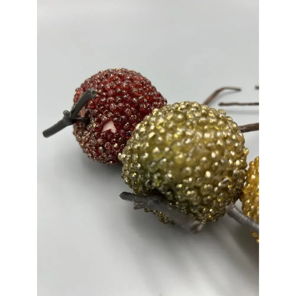 9 Vtg Glass Sugared Beaded Fruit Floral Picks Xmas Ornaments Apples Pear Jeweled